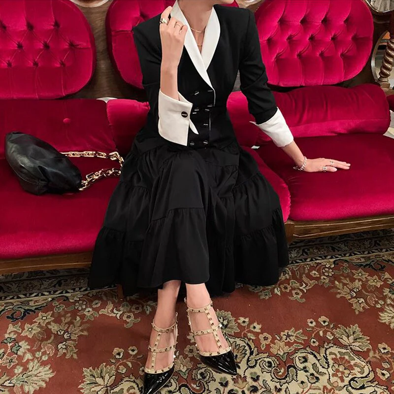 Christmas Gift Deanwangkt elegant chic simple solid patchwork suit dress elegant fashion OL women's dress spring outgoing dress elegant streetwear - Deanwangkt