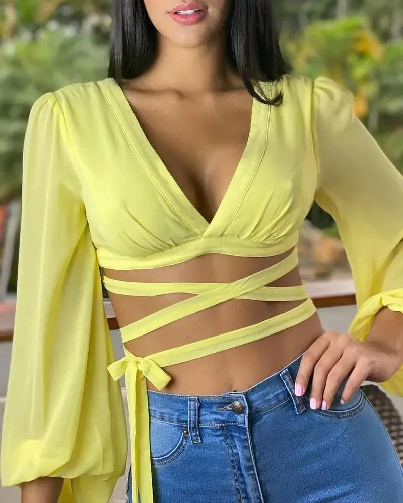 Deanwangkt - Long Sleeve V-Neck Bandage Top with Lace-Up Back - Deanwangkt