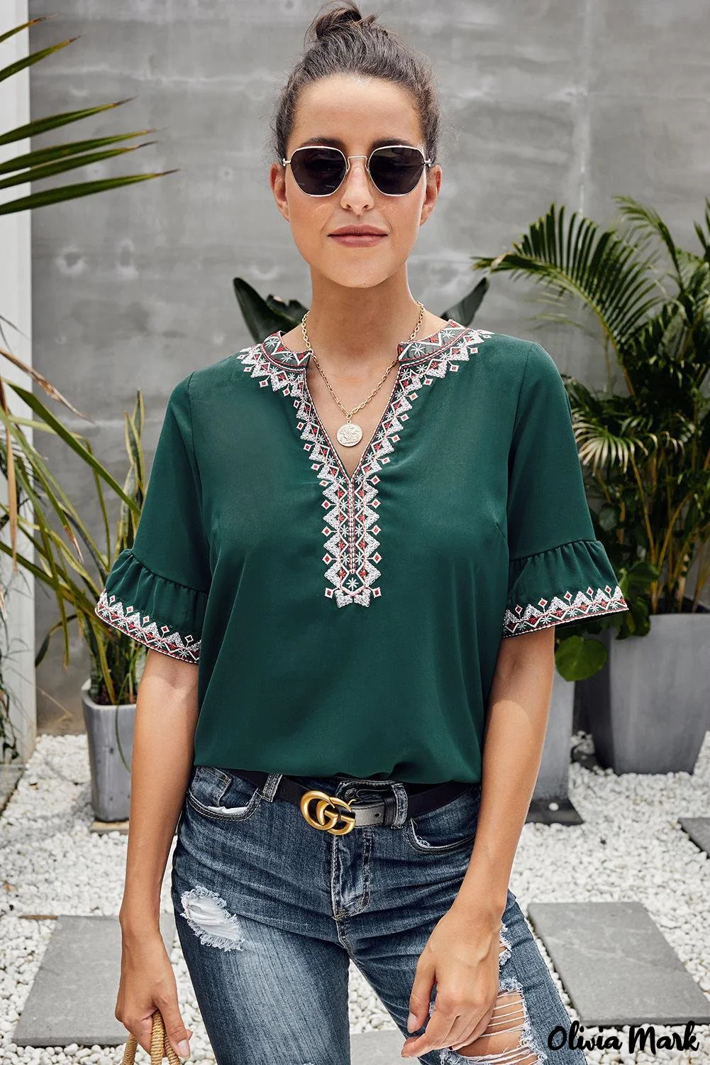 Deanwangkt - Green Bohemian Floral V-Neck Casual Blouse - Deanwangkt