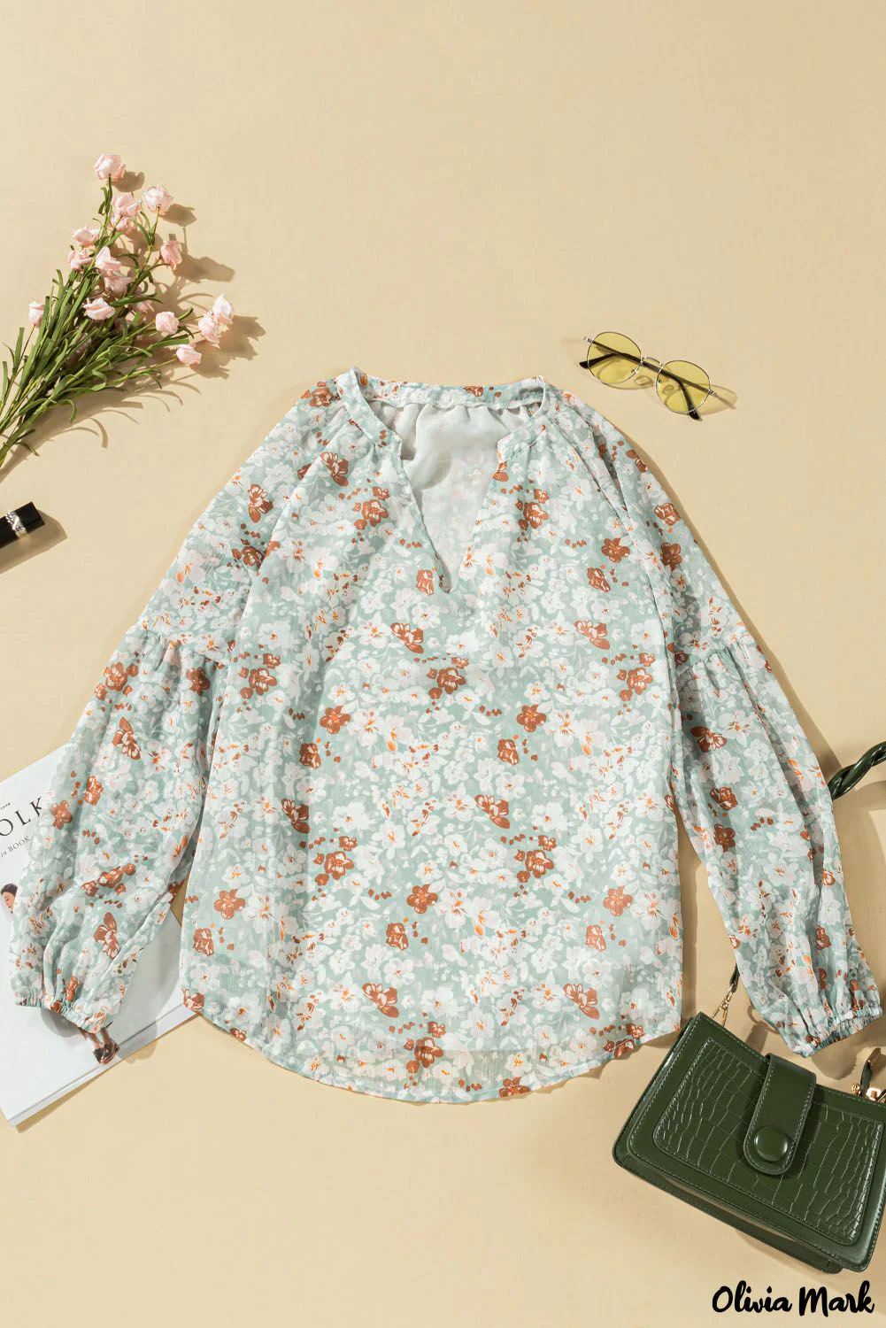 Deanwangkt - Blue Floral Split V-Neck Blouse - Deanwangkt