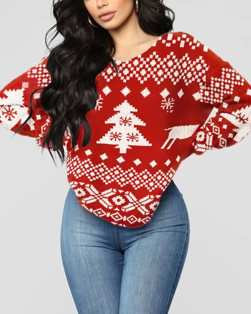 Deanwangkt - Christmas Print Long Sleeve Backless Blouse - Deanwangkt