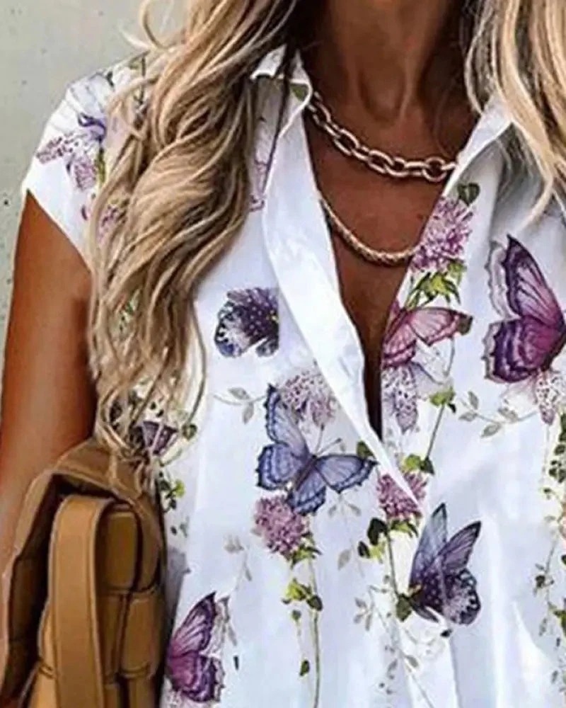 Deanwangkt - Floral Butterfly Print Short Sleeve Button Up Top - Deanwangkt