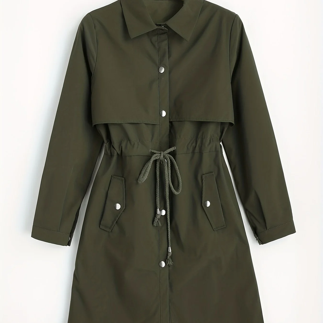 Button Front Drawstring Trench Coat, Casual Solid Long Sleeve Outerwear, Women's Clothing - Deanwangkt