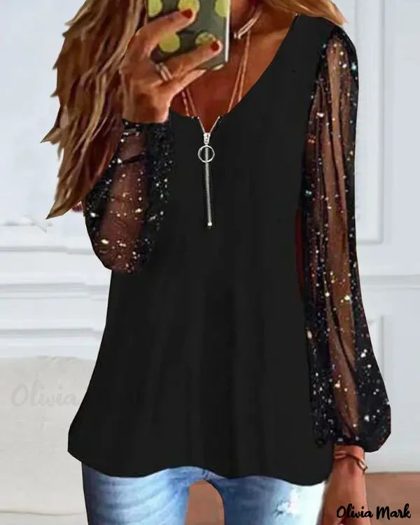 Deanwangkt - Glitter Contrast Mesh Long Sleeve Top - Deanwangkt