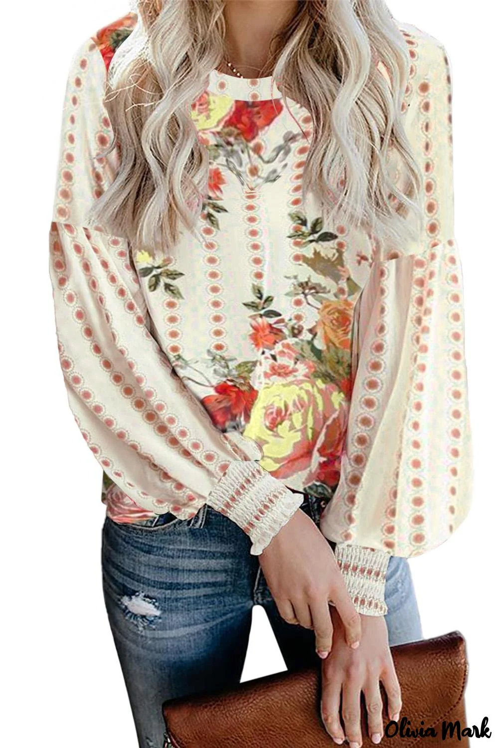 Deanwangkt - Apricot Round Neck Floral Print Balloon Sleeve Blouse - Deanwangkt