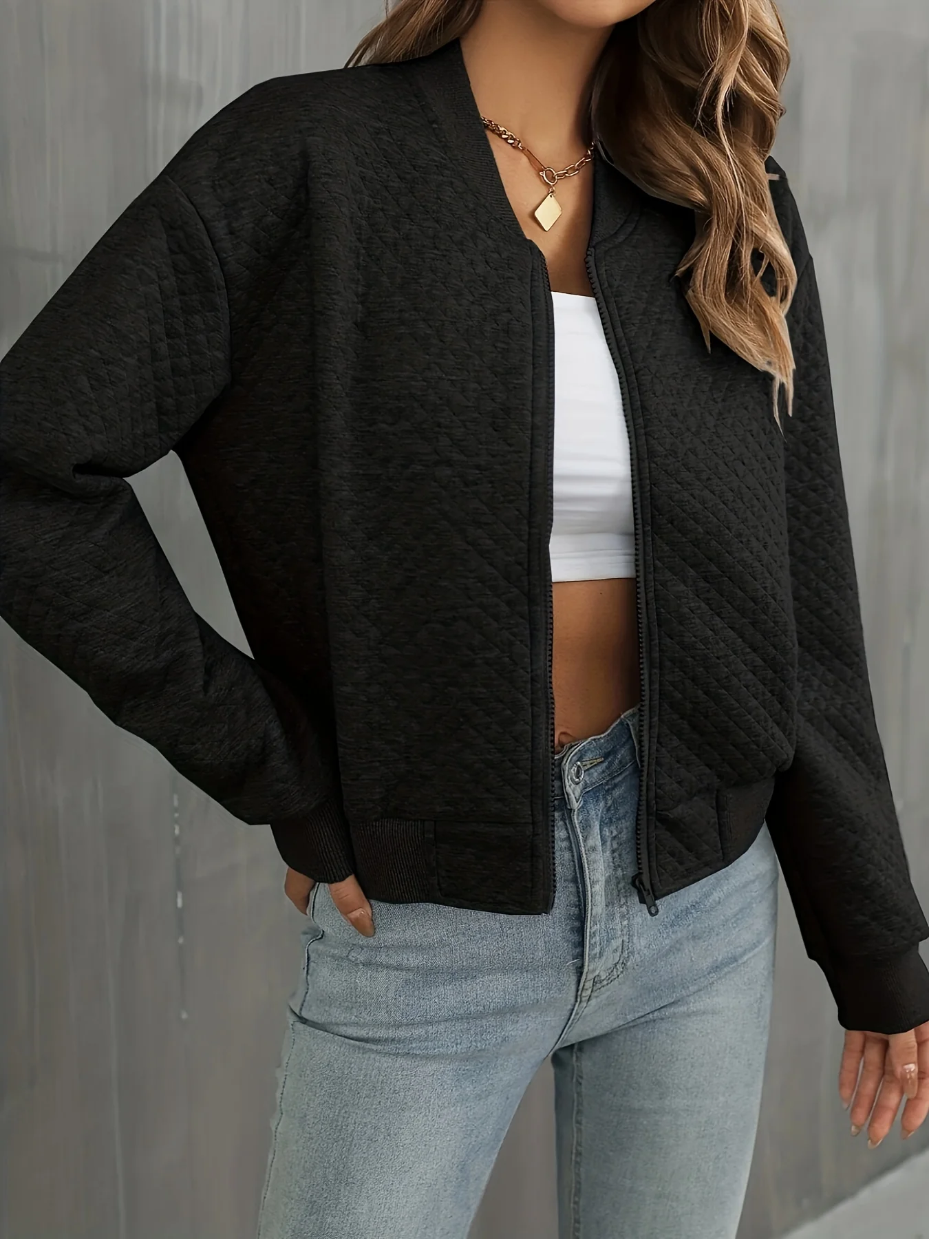 deanwangkt-1 Solid Simple Bomber Jacket, Casual Zip Up Long Sleeve Outerwear, Women's Clothing - Deanwangkt