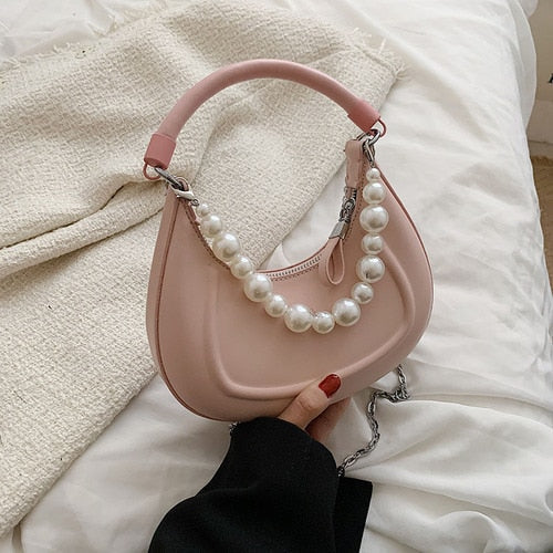 Back To College Deanwangkt Kawaii Tote PU Leather Half Moon Armpit Bag With Pearl Short Handle Women's Designer Handbag Luxury Shoulder Crossbody Bag - Deanwangkt