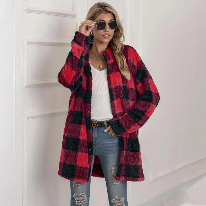 Christmas Gift Autumn Long Faux Fur Coat Women Plaid Jacket Winter Coat Women Long Sleeve Fluffy Teddy Jacket Ladies Warm Plush Jacket Female - Deanwangkt