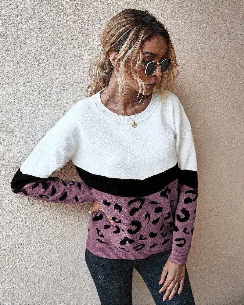 Christmas Gift Deanwangkt Fashion Leopard Patchwork Autumn Winter Ladies Knitted Sweater Women O-neck Full Sleeve Jumper Pullovers Top - Deanwangkt