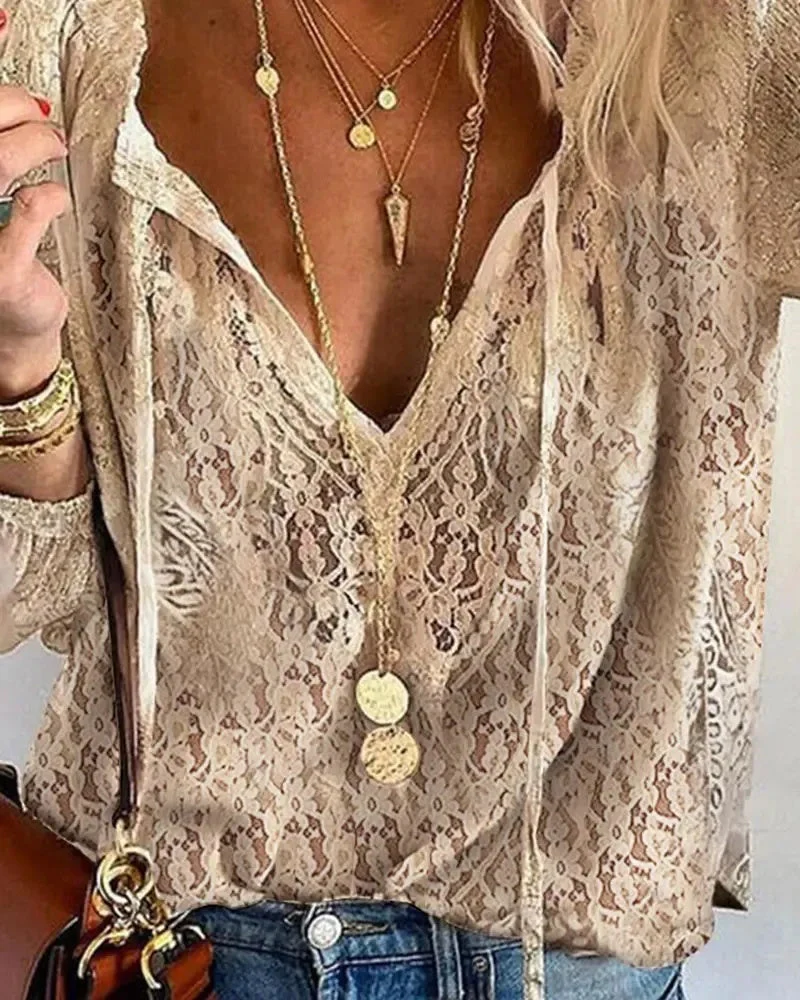 Deanwangkt - Florla Lace V-Neck Long Sleeve Top - Deanwangkt