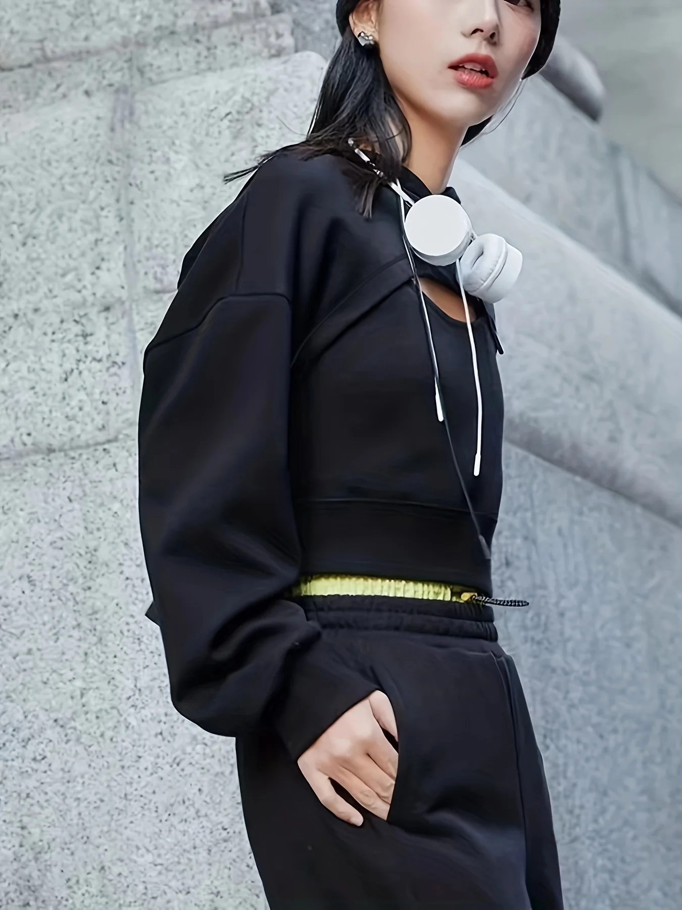 deanwangkt-1 Casual Two-piece Set, Drawstring Crop Hoodie & Solid Top Outfits, Women's Clothing - Deanwangkt