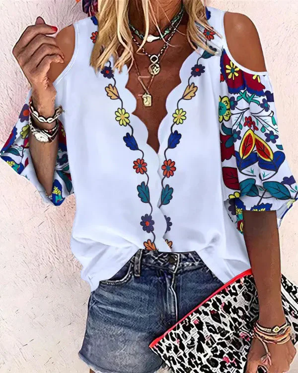 Deanwangkt - Tribal Floral Scallop Trim Off Shoulder Top - Deanwangkt
