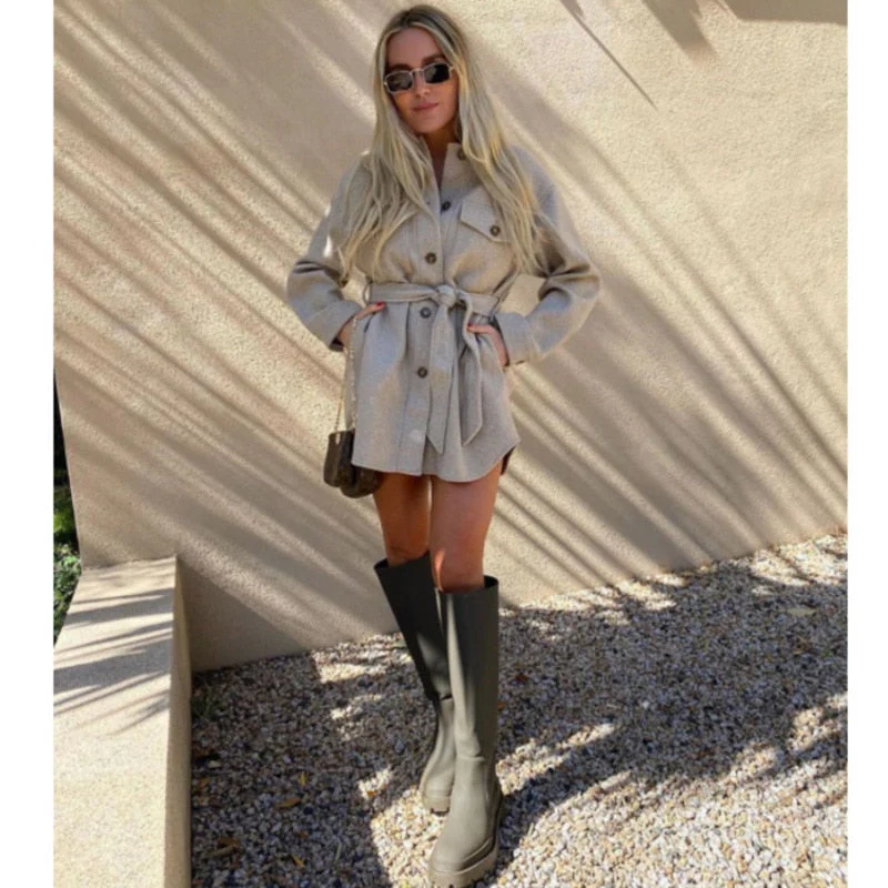 Christmas Gift Deanwangkt WInter New Woollen Wrap Coat Women High Waist Tunic Bandage Jacket Pockets Casual Warm Shirt Coat - Deanwangkt