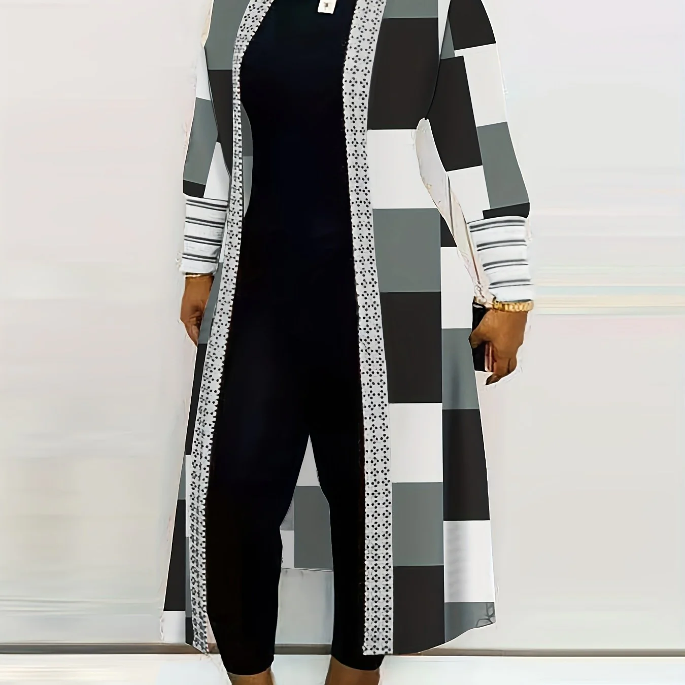 Plus Size Colorblock Longline Coat, Women's Plus Slight Stretch Casual Trench Coat - Deanwangkt