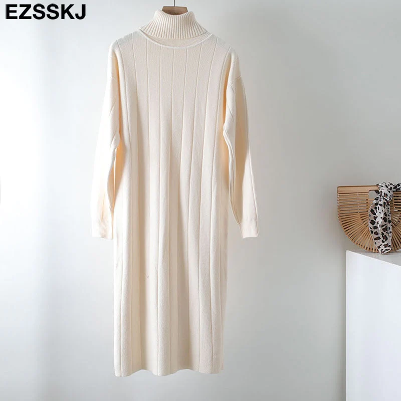 Christmas Gift Deanwangkt Autumn Winter long thick Sweater Dress Women turtleneck long Sleeve straight maix Dress female girl warm long dress - Deanwangkt