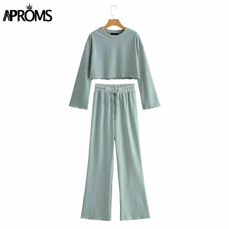 Christmas Gift Aproms White Black Knitted Women's 2 Piece Suits Casual Flare Sleeve Cropped Top and Pants Set Female High Waist Homesuits Deanwangkt - Deanwangkt