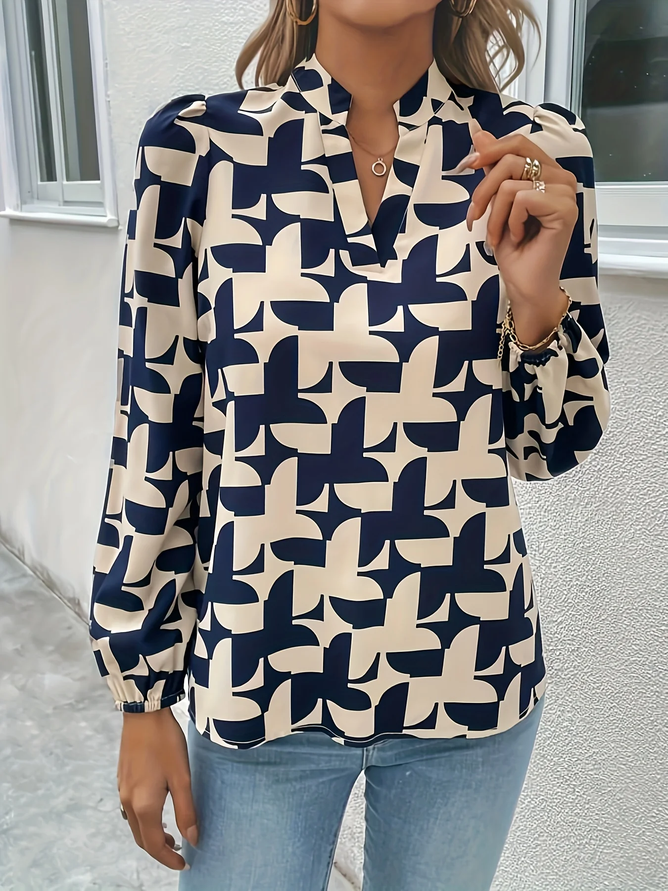 Geo Print Notch Neck Blouse, Casual Lantern Sleeve Blouse For Spring & Fall, Women's Clothing - Deanwangkt