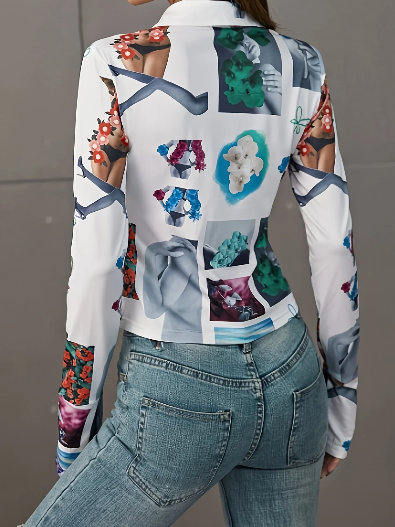Flower Graphic Print Elegant Polo Blouse, Casual Every Day Top For Fall & Spring, Women's Clothing - Deanwangkt