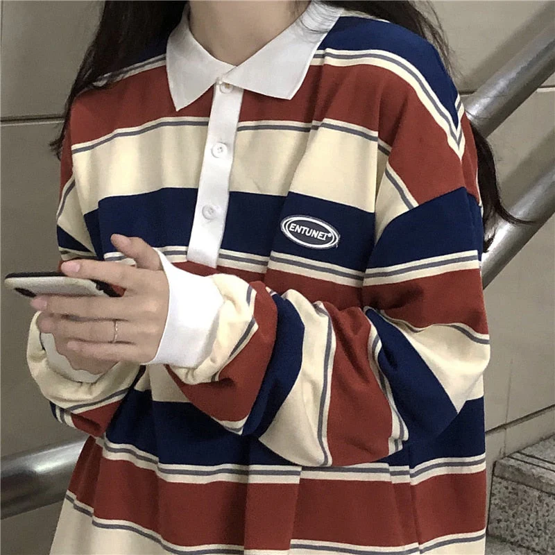 Black Friday Sales Retro Ins Stripe Hit Color Wild Loose Polo Collar Pullover Sweatshirt Women Loose Harajuku Street Korean Style Top Autumn - Deanwangkt