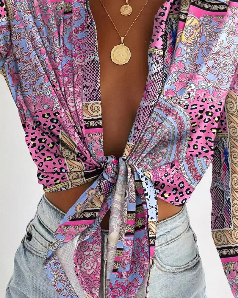 Deanwangkt - Long Sleeve Tie Front Scarf Print Shirt - Deanwangkt