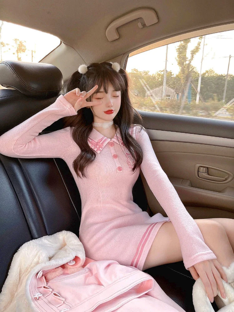 Back to school outfit Deanwangkt Deanwangkt Japanese Pink Sweet Kawaii Dress Women Bodycon Elegant Sexy Party Mini Dress Female White Knit Casual Korean Fashion Dress K117 - Deanwangkt