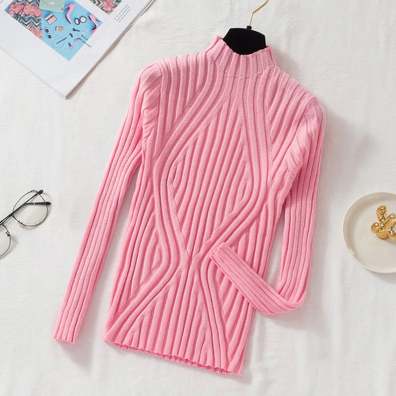 Christmas Gift Deanwangkt Autumn Rainbow Slim Solid Sweater Tops Pullover Knitted Sweater Women Casual Long Sleeve Office Lady Jumper Sweater 17041 - Deanwangkt