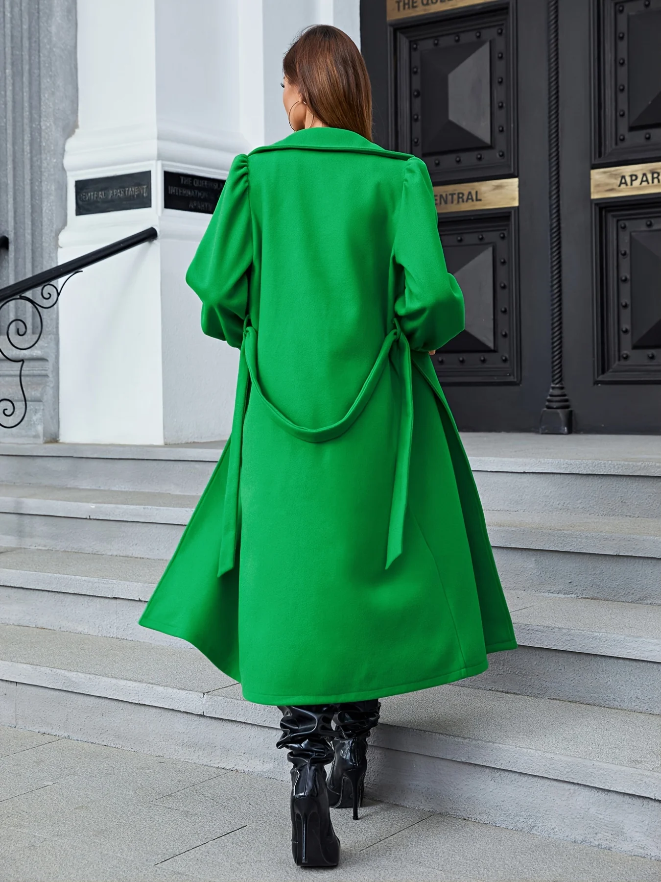 deanwangkt-1  Tie Waist Lapel Coat, Elegant Long Sleeve Open Front Mid Length Outerwear, Women's Clothing - Deanwangkt