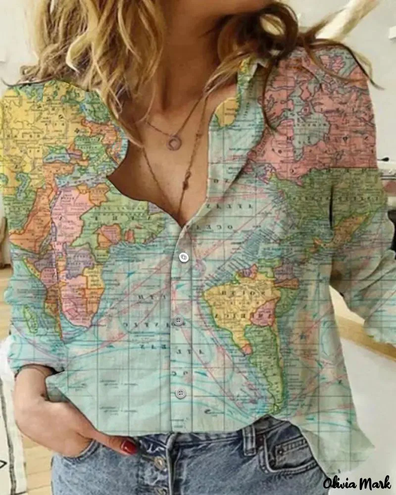Deanwangkt - Map Print Long Sleeve Button Down Shirt - Deanwangkt