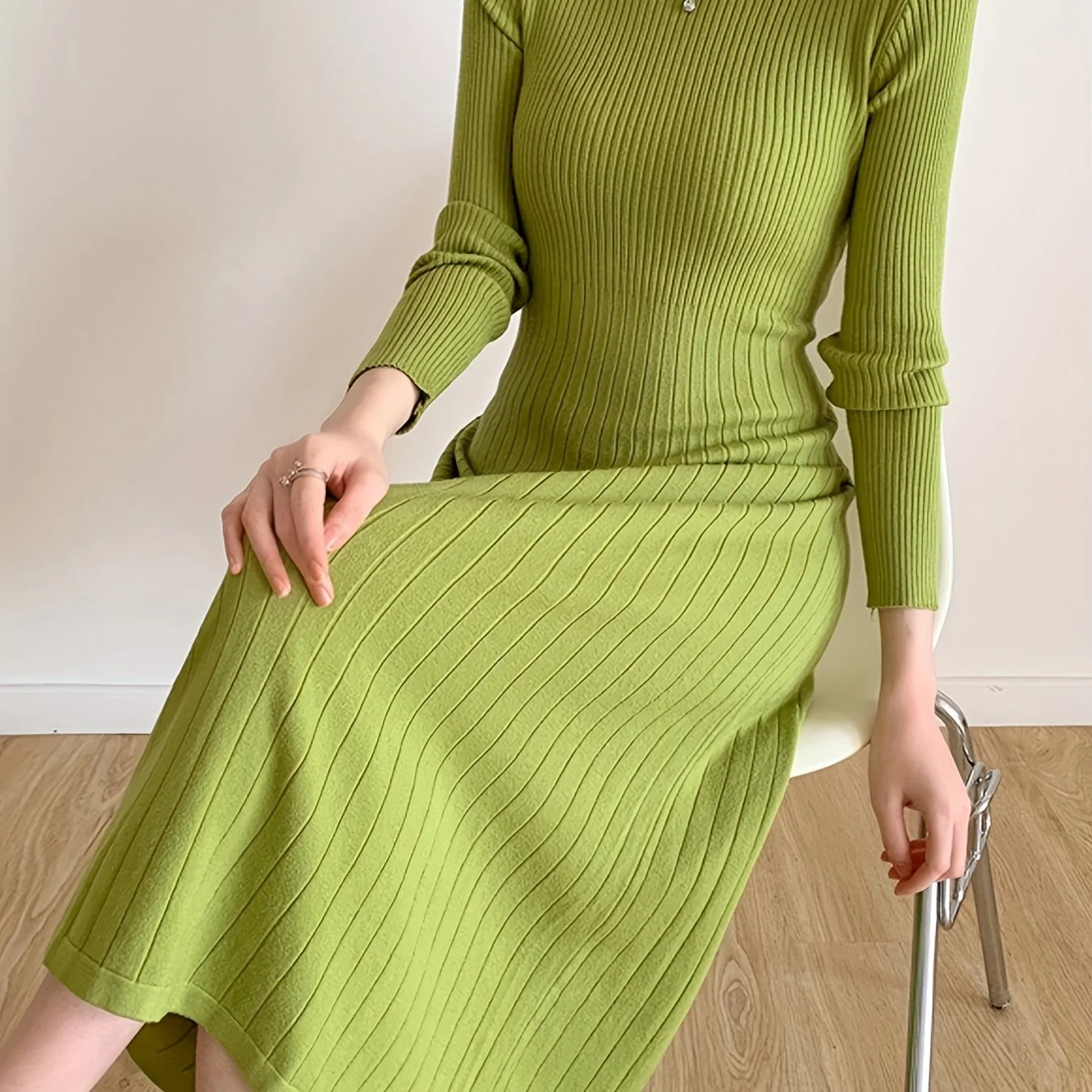 deanwangkt-1  Ribbed Mock Neck Dress, Casual Long Sleeve Midi Dress, Women's Clothing - Deanwangkt