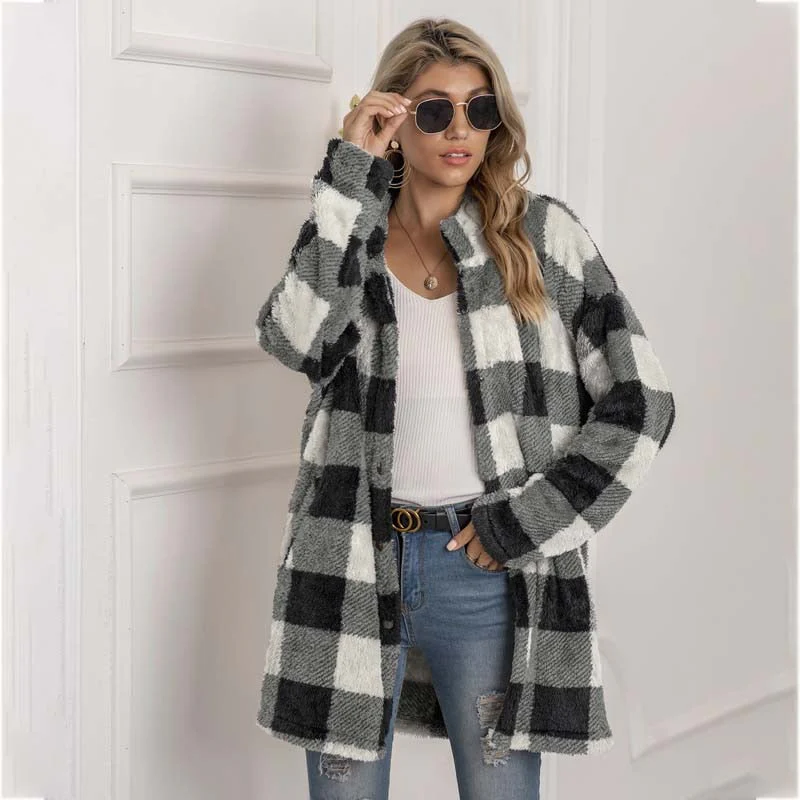 Christmas Gift Autumn Long Faux Fur Coat Women Plaid Jacket Winter Coat Women Long Sleeve Fluffy Teddy Jacket Ladies Warm Plush Jacket Female - Deanwangkt