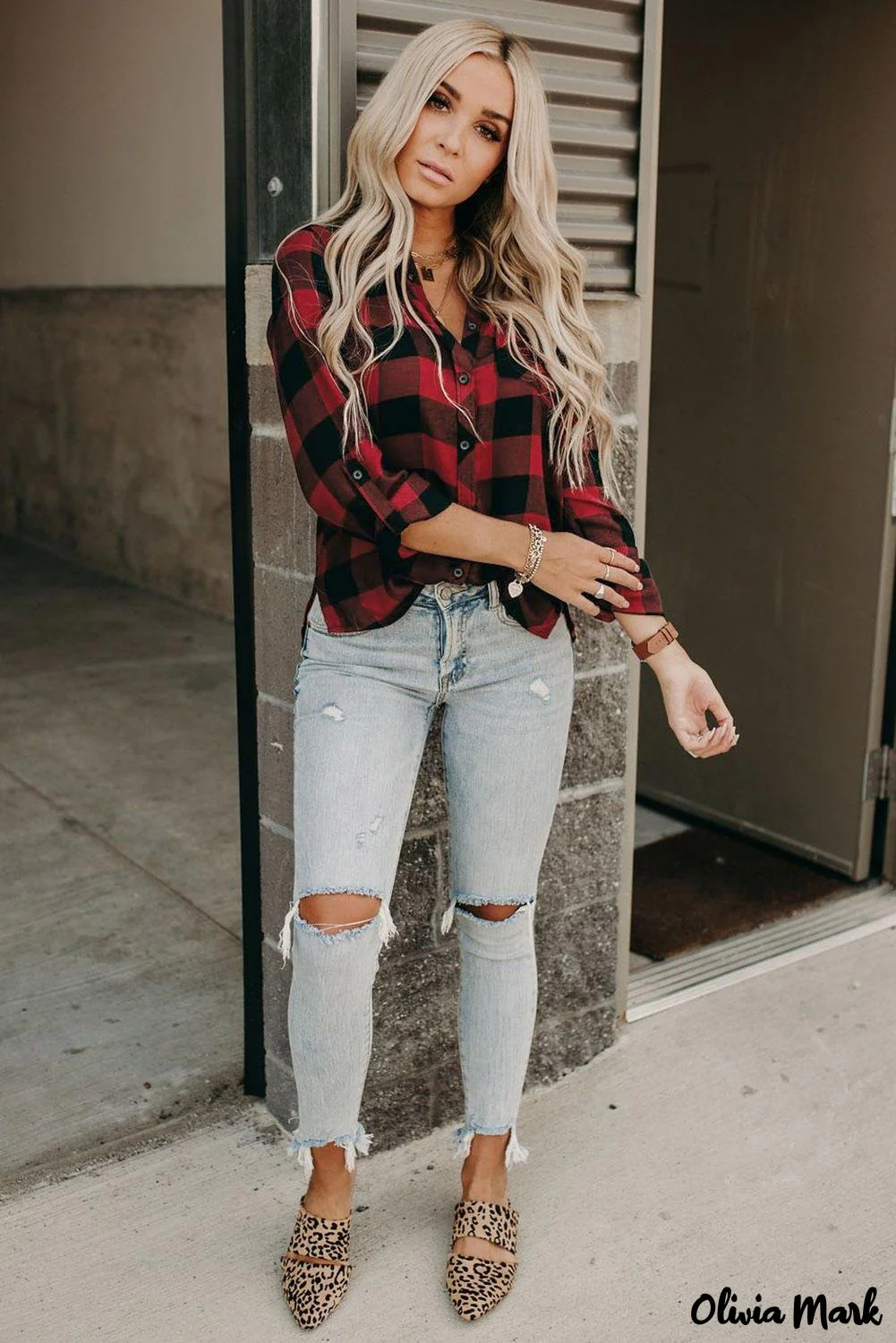 Deanwangkt - Red Buffalo Plaid Blouse with Button Pocket - Deanwangkt