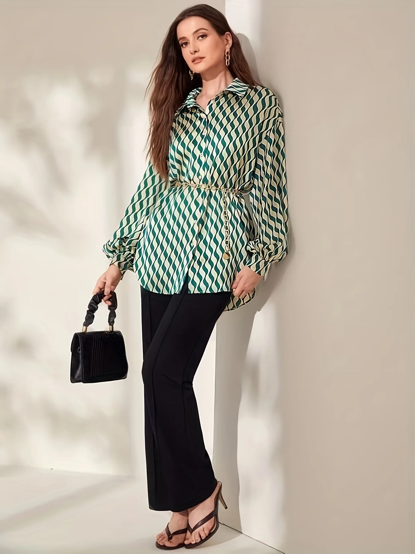 Allover Print Button Front Blouse, Casual Lantern Sleeve Lapel Blouse For Spring & Fall, Women's Clothing - Deanwangkt