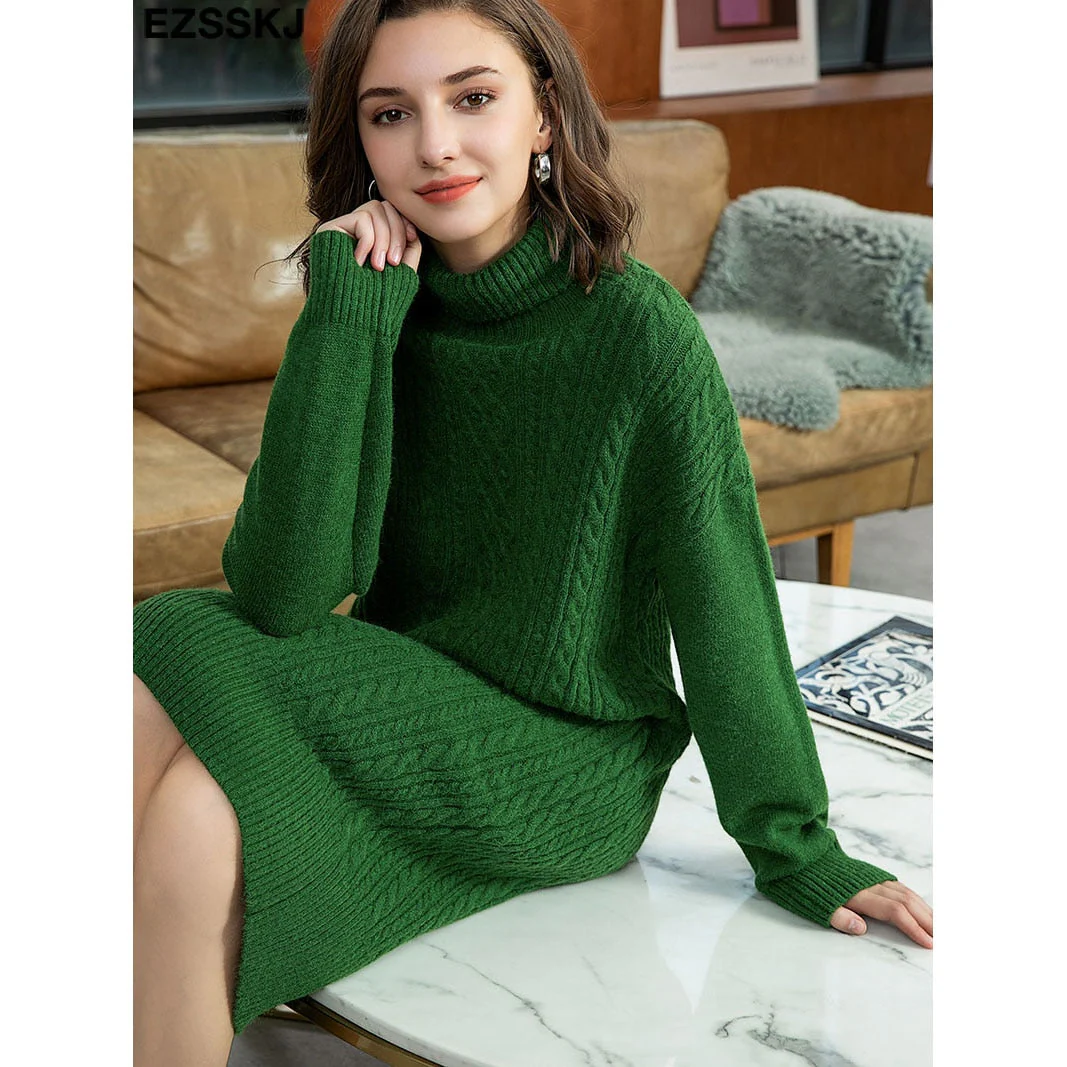 Christmas Gift Deanwangkt autumn winter thick straight maxi sweater dress women high neck long sweater dress elegant female loose Warm maix  dress - Deanwangkt