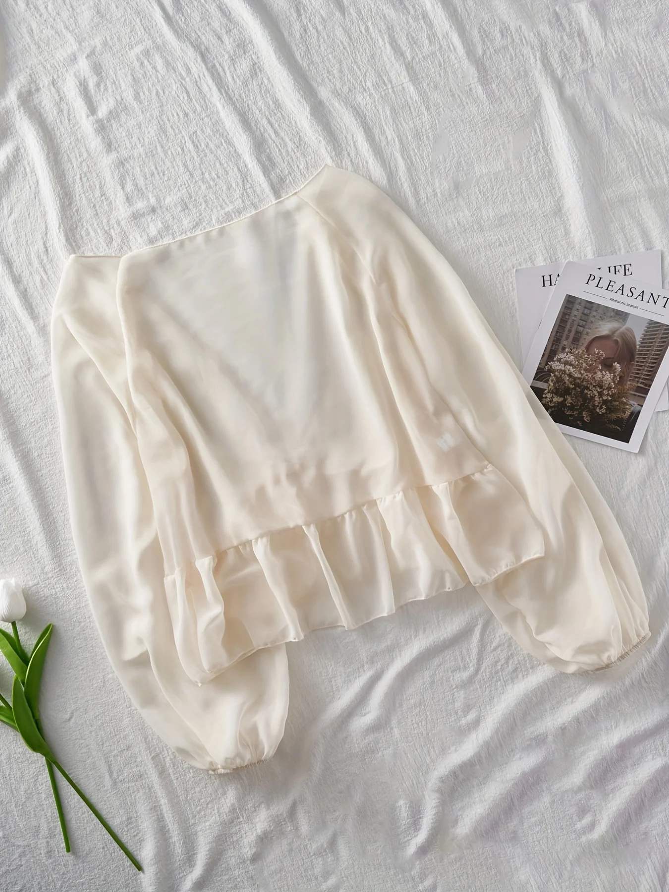 Long Sleeve Ruffle Hem Blouse, Loose Casual Top, Women's Clothing - Deanwangkt