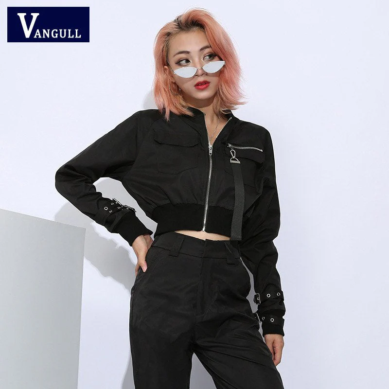 Christmas Gift  Short Outerwear Coat Bomber Jacket Women Patch Long Sleeve Autumn Jacket Pocket High Waist Buckle Zipper Streetwear Deanwangkt - Deanwangkt