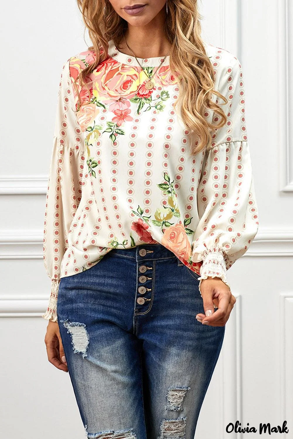 Deanwangkt - Apricot Round Neck Floral Print Balloon Sleeve Blouse - Deanwangkt