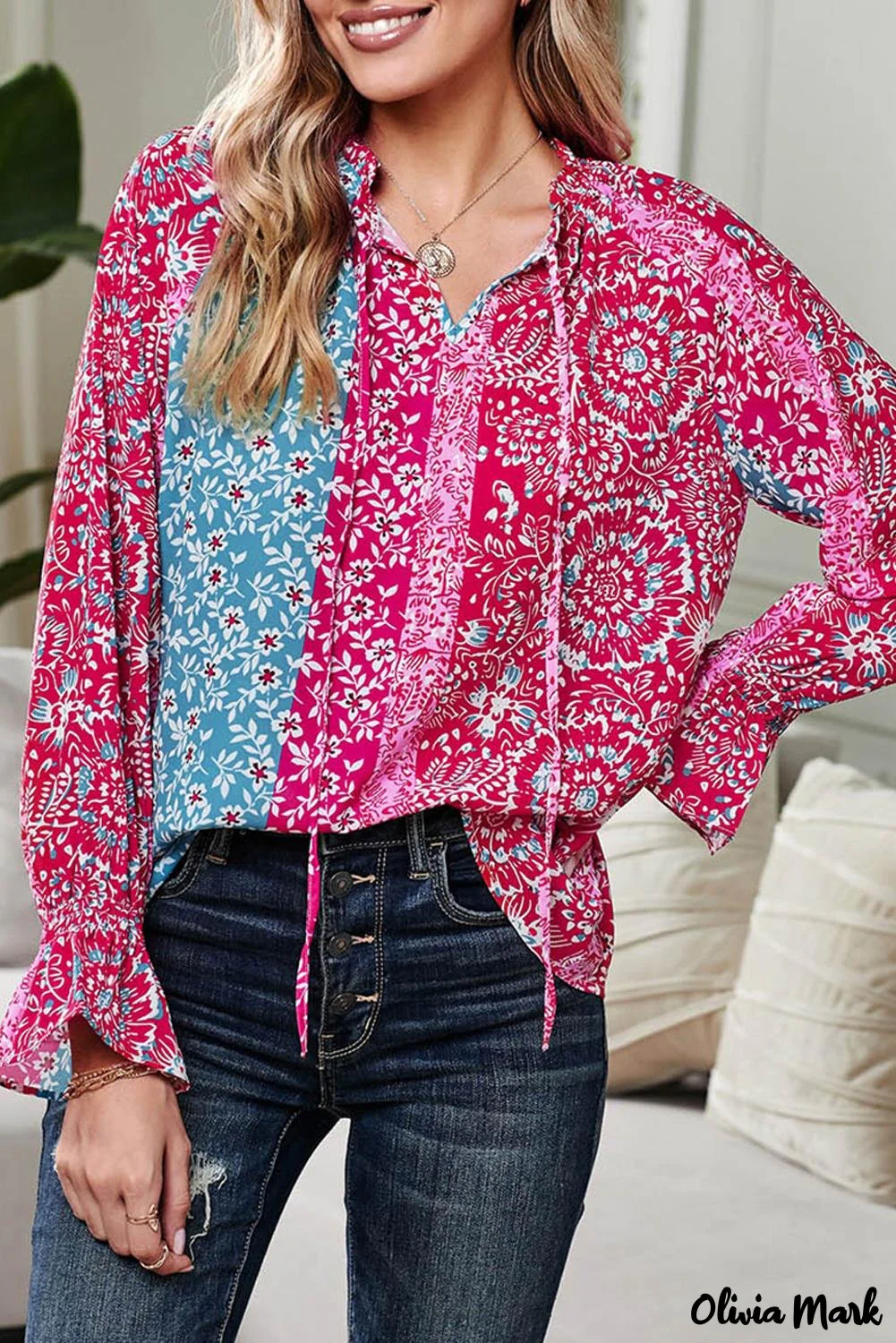 Deanwangkt - Pink Printed Split Collar Blouse - Deanwangkt
