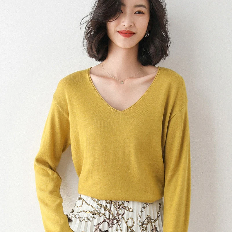 Christmas Gift Deanwangkt Autumn Winter Thin Sweater Women Knitted Sweater Fashion Crew-V-neck  Ladies Winter Sweater Korean College Style - Deanwangkt
