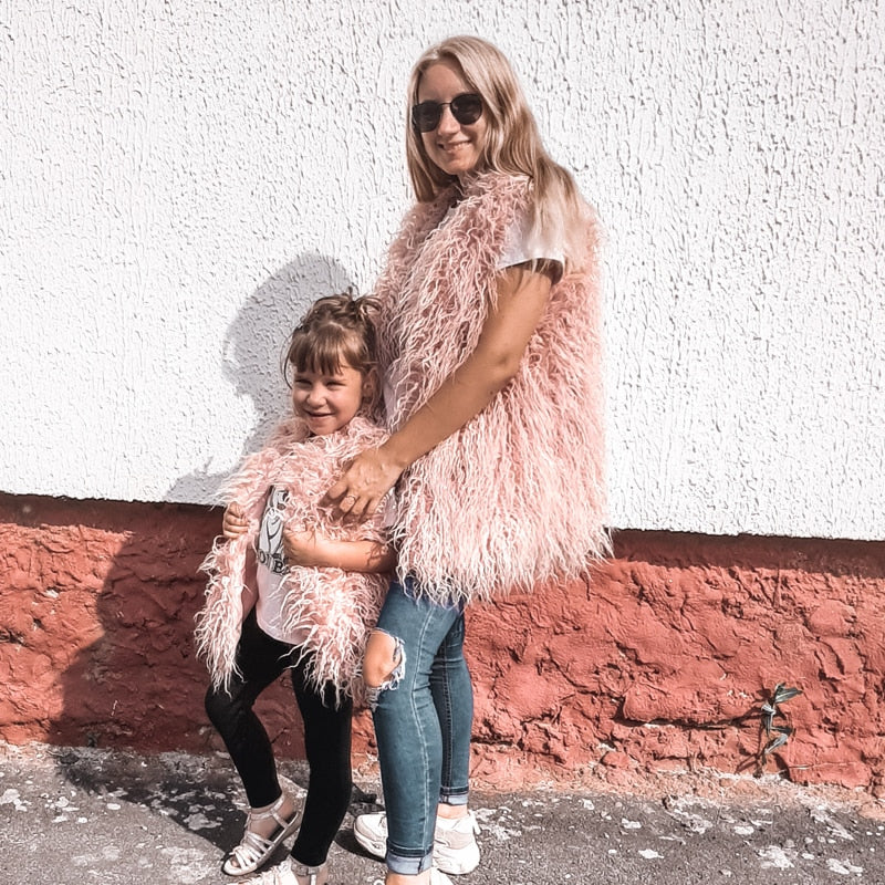 Christmas Gift Deanwangkt Autumn Winter Mother & Daughter Shaggy Faux Fur Vest Fashion Fluffy Sleeveless Waistcoat Outfits Street Fur Jacket Coats - Deanwangkt