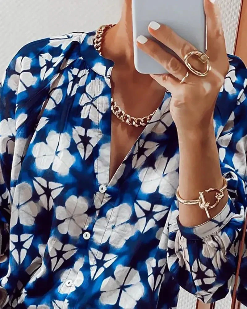 Deanwangkt - Floral Print Lantern Sleeve Button Up Top - Deanwangkt