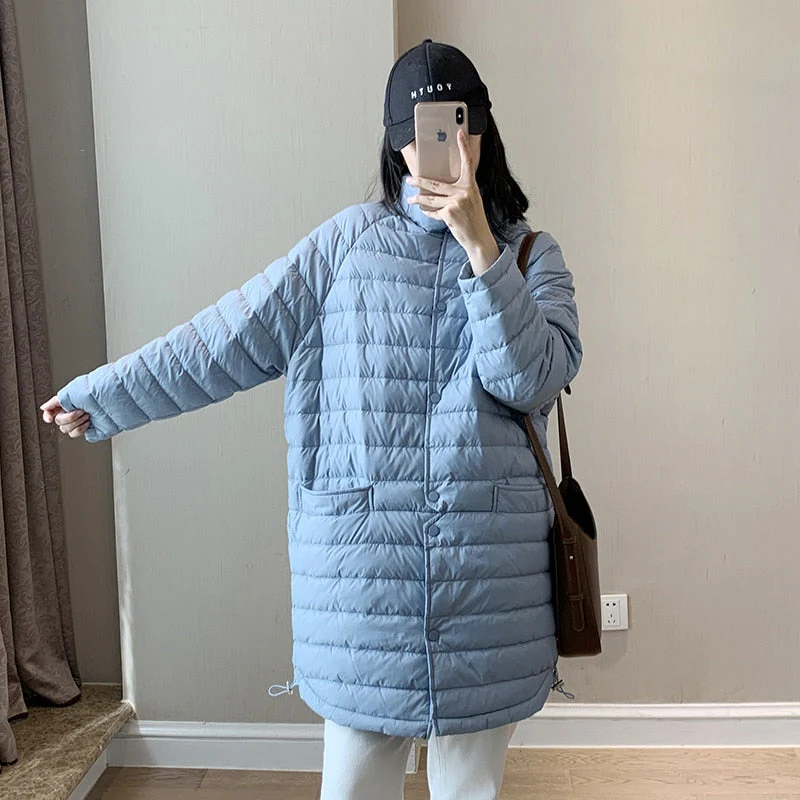 Black Friday Sales Ailegogo Casual Female Ultra Light White Duck Down Long Jacket Autumn Women Lightweight Loose Warm Down Parka Chic Outwear - Deanwangkt