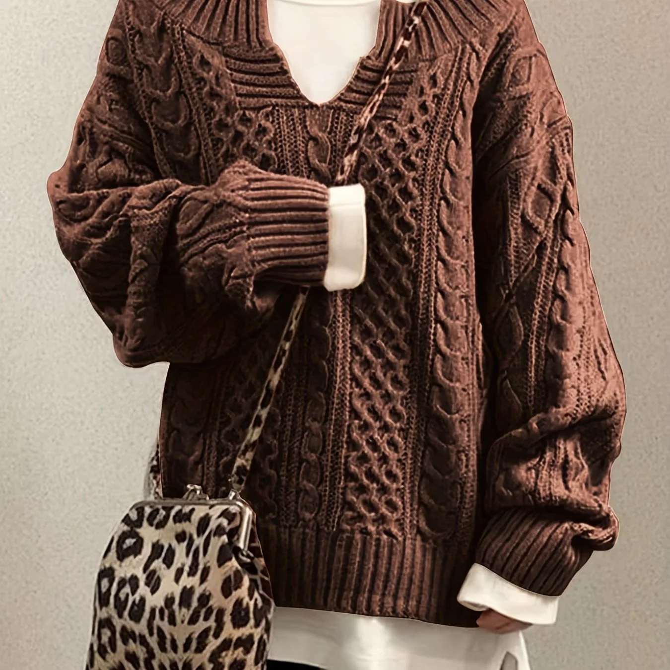 deanwangkt-1  Solid Cable Knit Sweater, Casual V Neck Long Sleeve Sweater, Women's Clothing - Deanwangkt