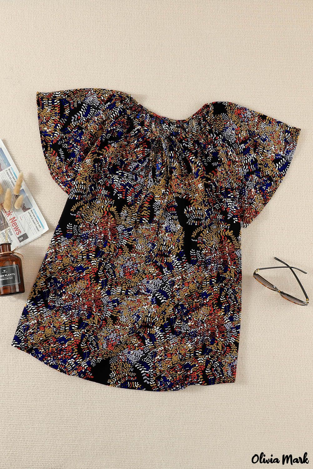 Deanwangkt - Fancy multicolored ruffled blouse with V-neck and short sleeves - Deanwangkt