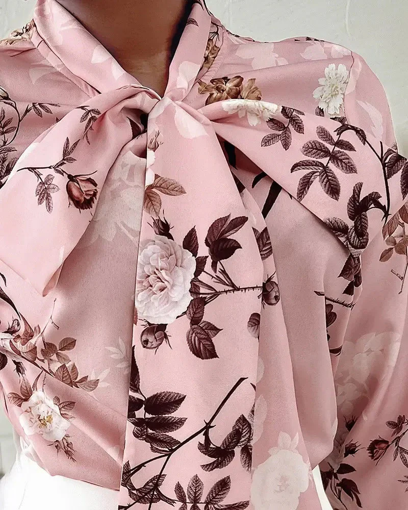 Deanwangkt - Floral Print Tie Neck Long Sleeve Top - Deanwangkt