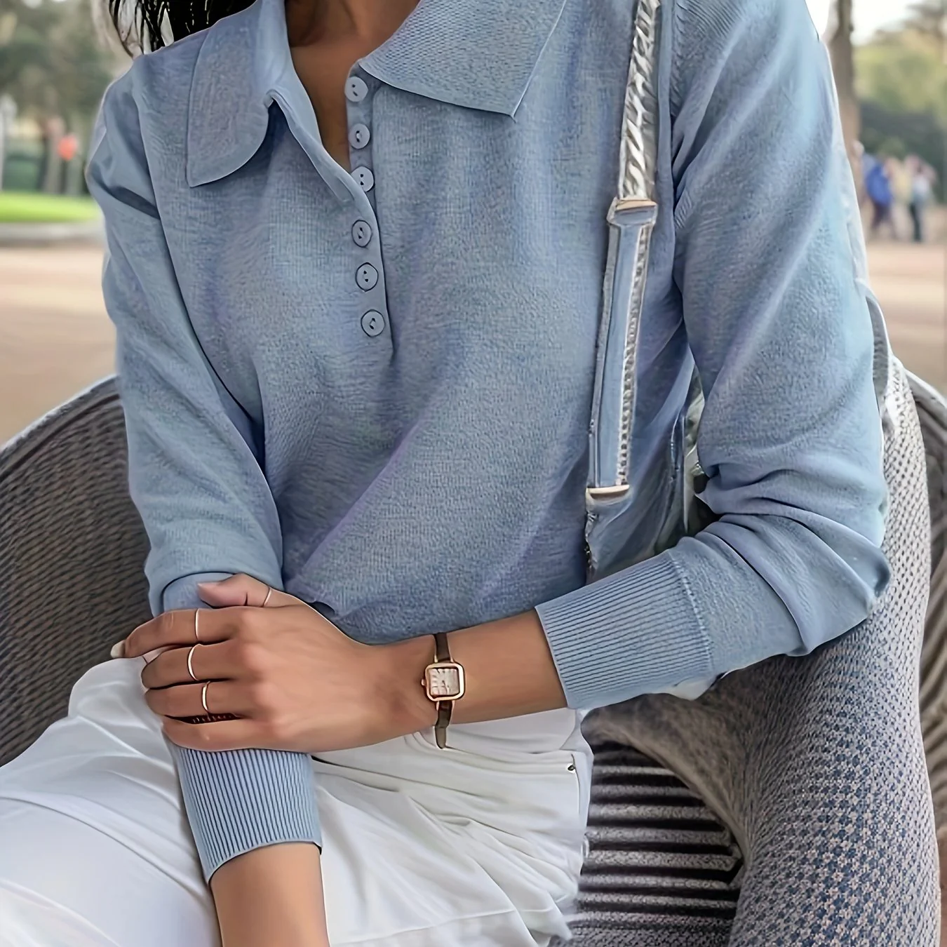 deanwangkt-1 Solid Button Polo Collar Knitted Top, Elegant Long Sleeve Sweater, Women's Clothing - Deanwangkt