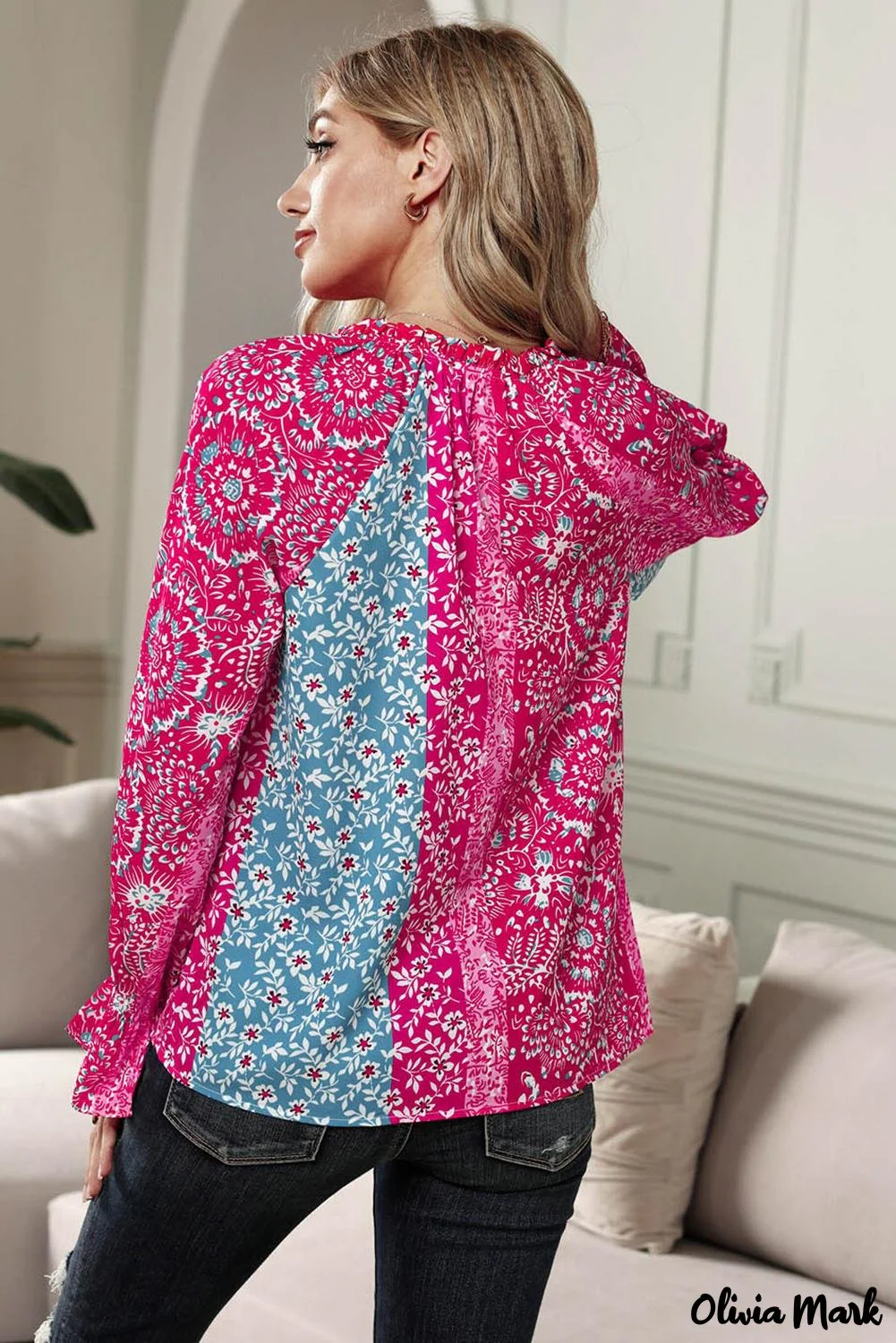 Deanwangkt - Pink Printed Split Collar Blouse - Deanwangkt