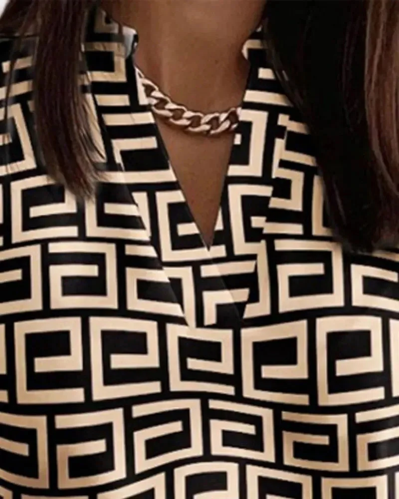 Deanwangkt - Relaxed Geometric Print V-Neck Long Sleeve Top - Deanwangkt