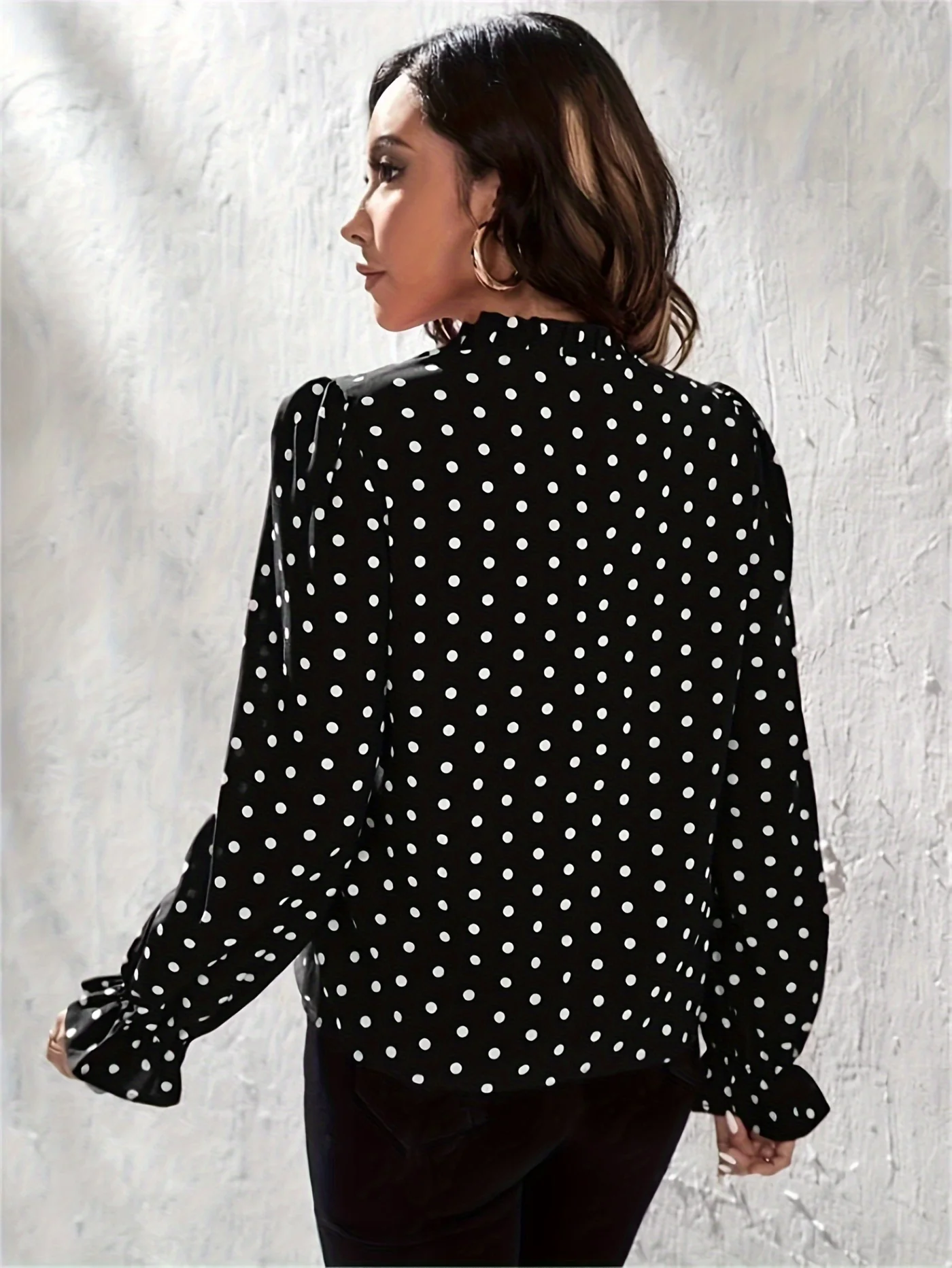 Polka-dot Print Notched Neck Blouse, Versatile Puff Sleeve Blouse For Spring & Fall, Women's Clothing - Deanwangkt