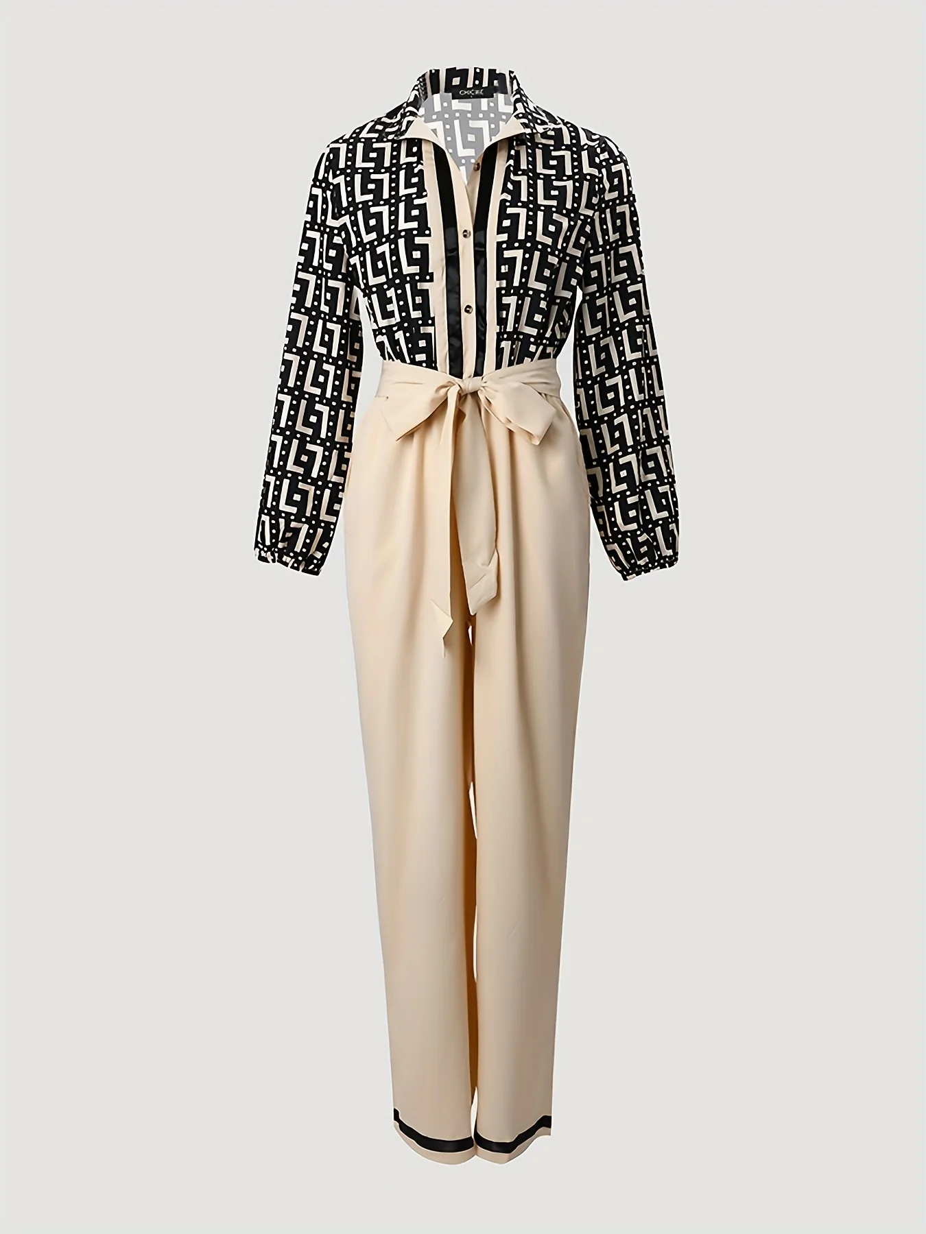 Geometric Print Stitching Jumpsuit, Long Sleeve Lace Up Wide Leg Jumpsuit, Women's Clothing - Deanwangkt