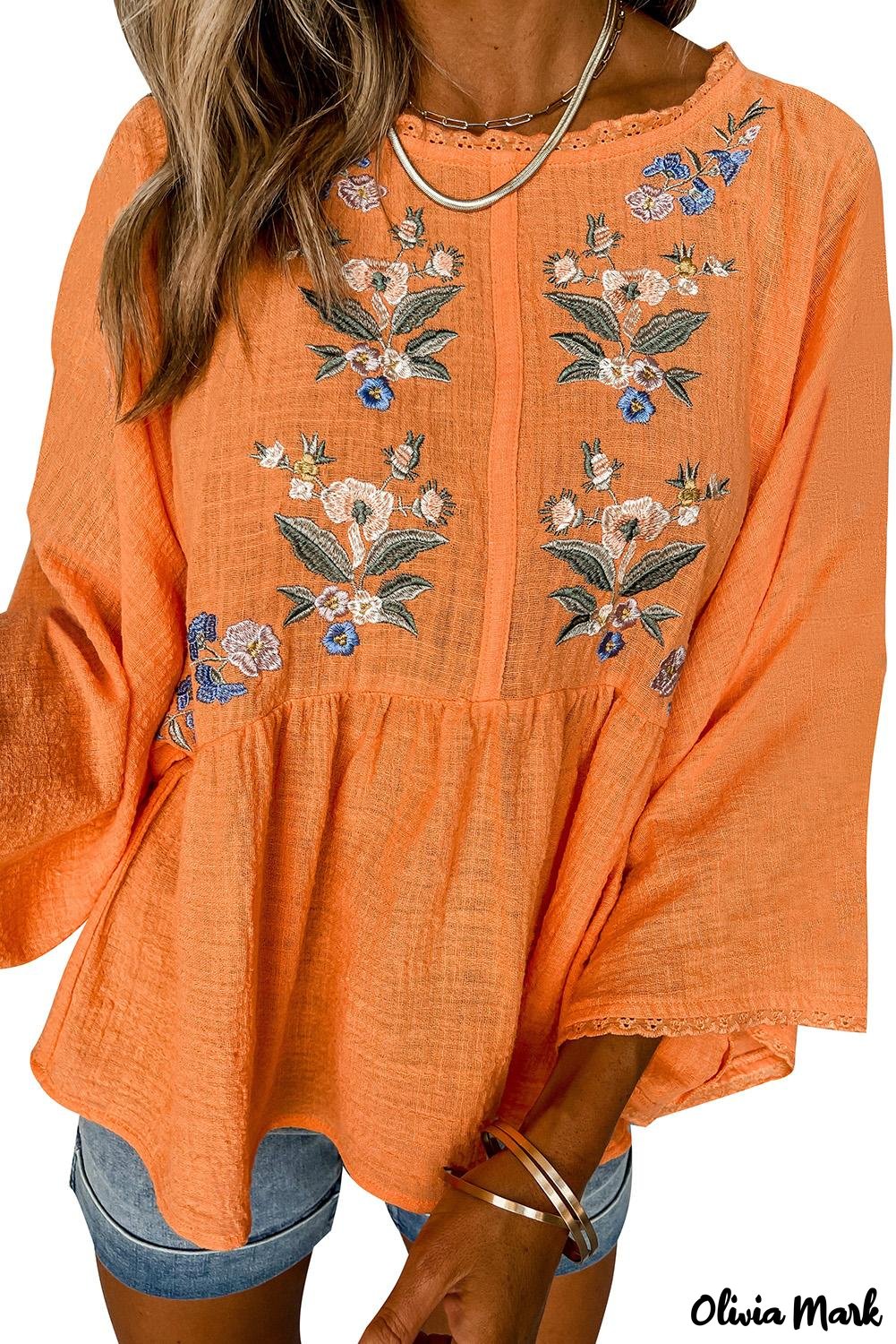 Deanwangkt - Orange Embroidered Kimono Sleeve Top - Deanwangkt